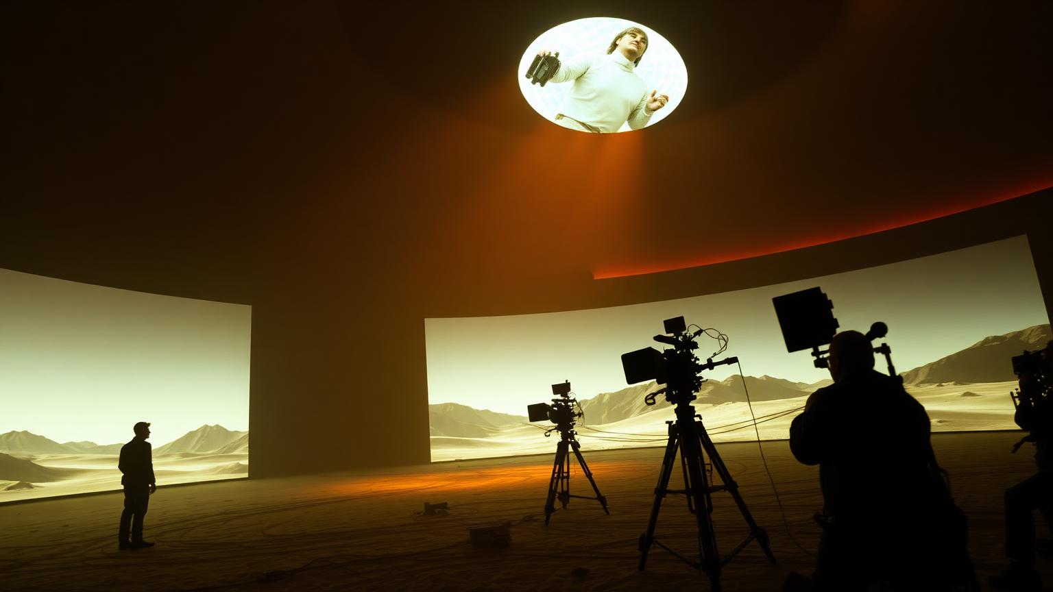 A filmmaker standing inside a virtual production LED volume rendering an alien world