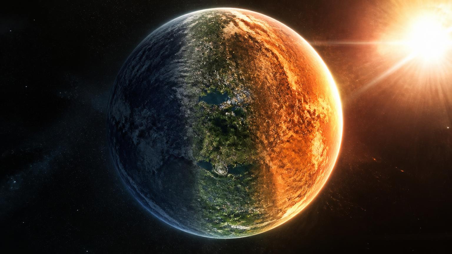 Planet X seen from orbit, one face desert and one face ice